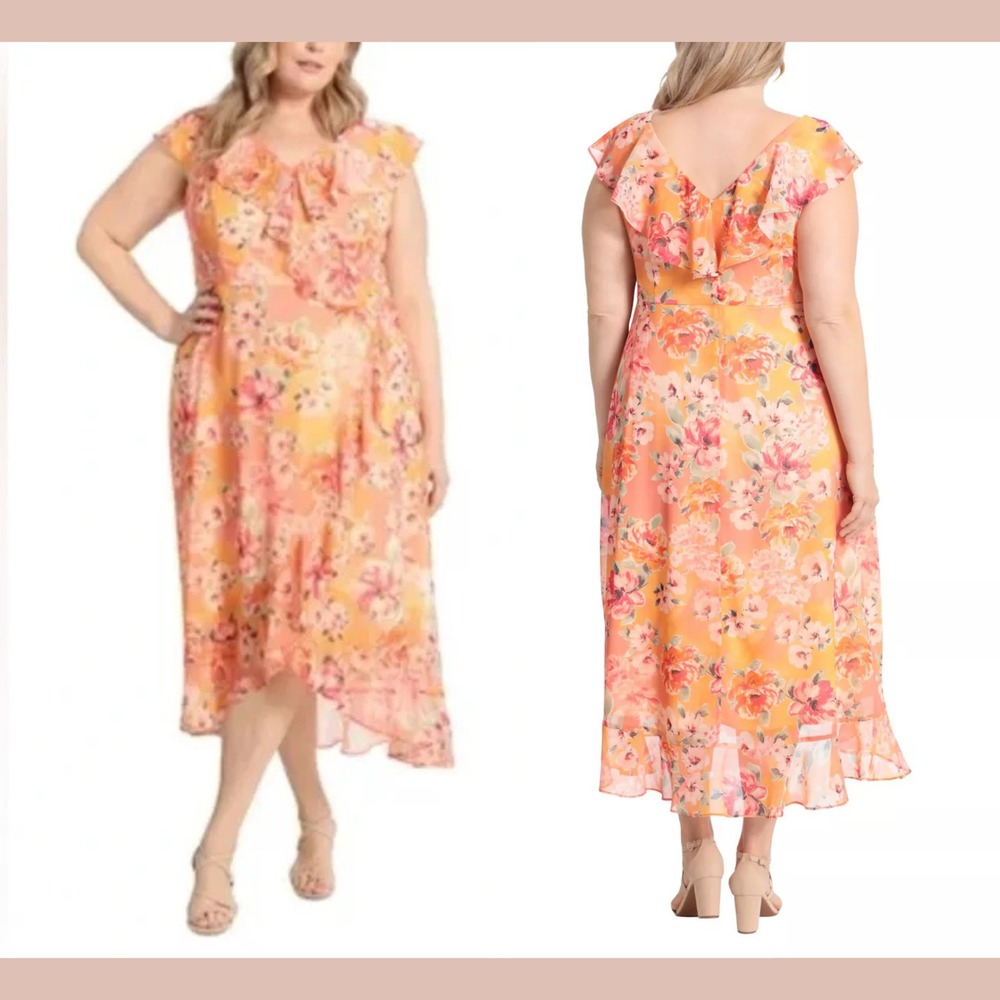 NWT London Times [ 20W ]‎ V Neck Floral Print Ruffle Maxi Dress Orange #T2008